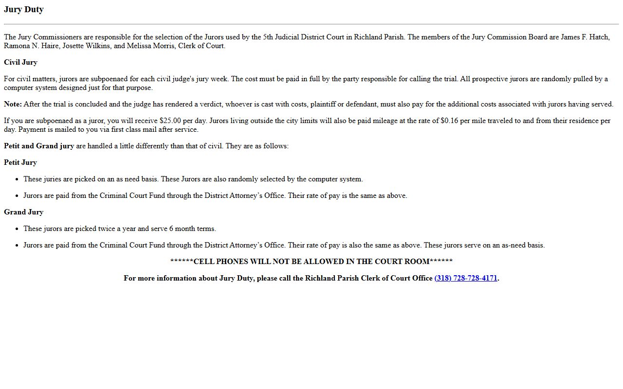 Richland Parish Clerk jury duty information for District Court records