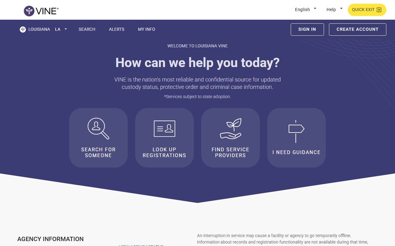 Louisiana VINELink custody notification page for statewide custody searches
