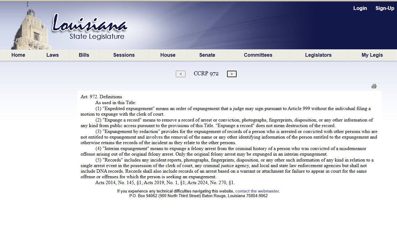 Richland Parish criminal court records Louisiana expungement definitions statute
