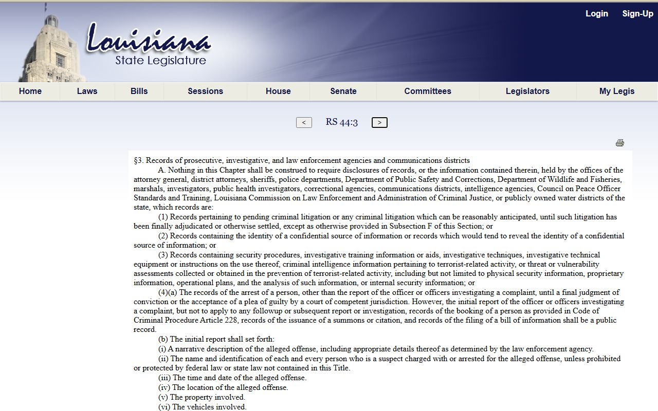 Richland Parish criminal court records Louisiana law enforcement records exceptions statute