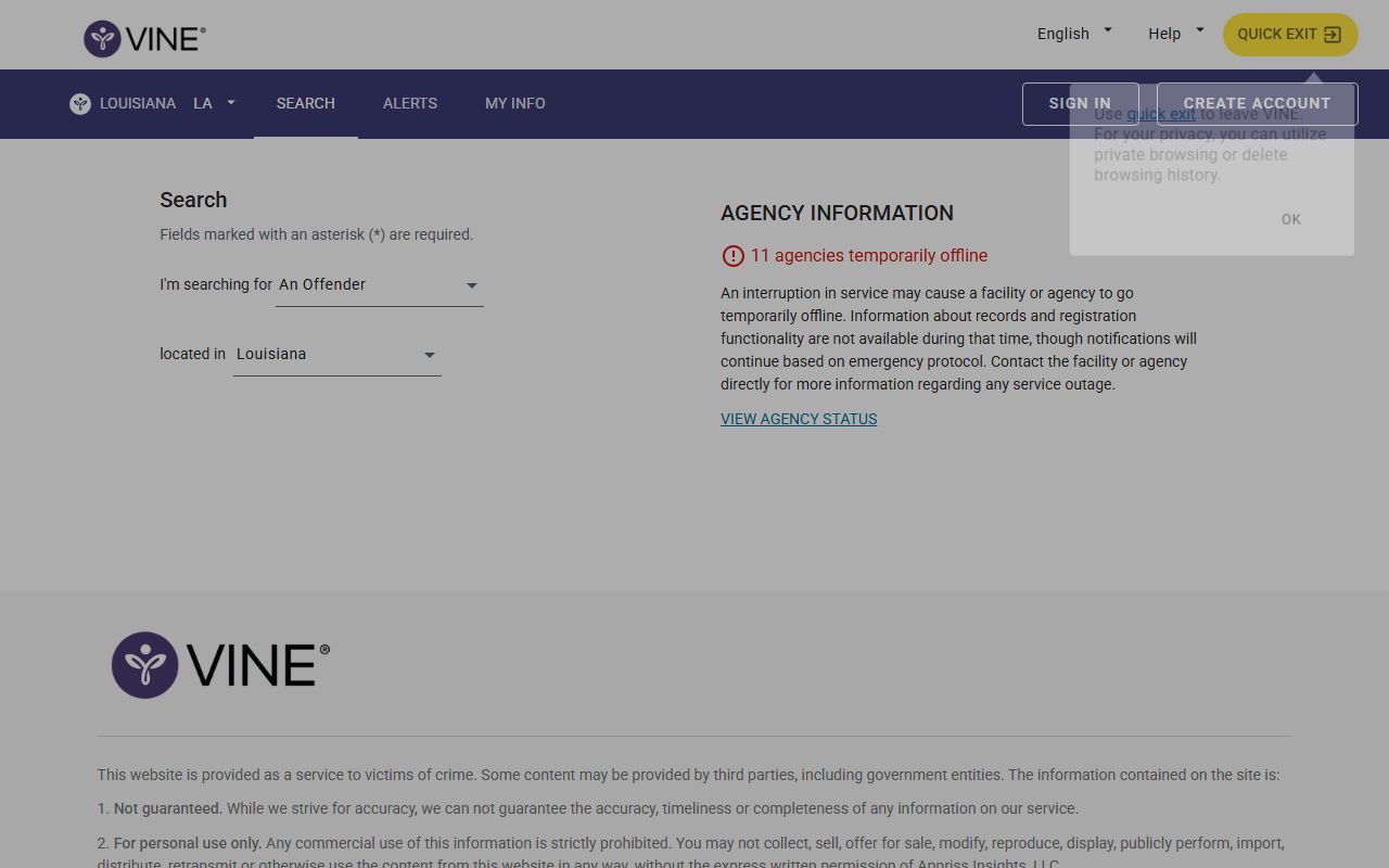 Louisiana VINELink person search page for custody status