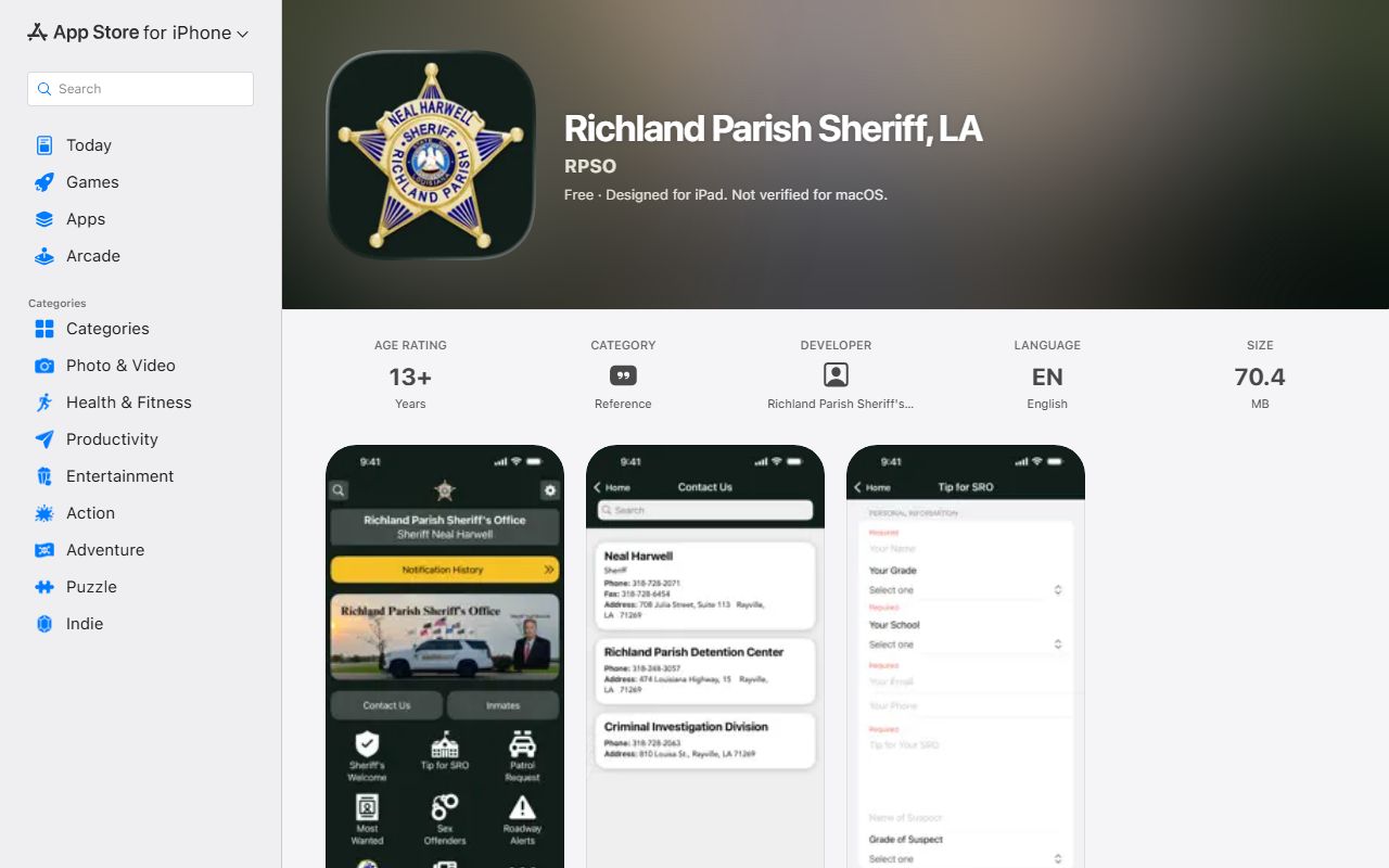 Richland Parish Sheriff's Office iOS app listing