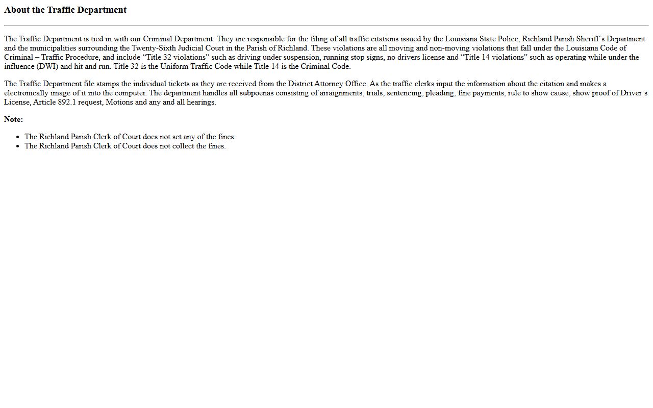Richland Parish Clerk Traffic Department page