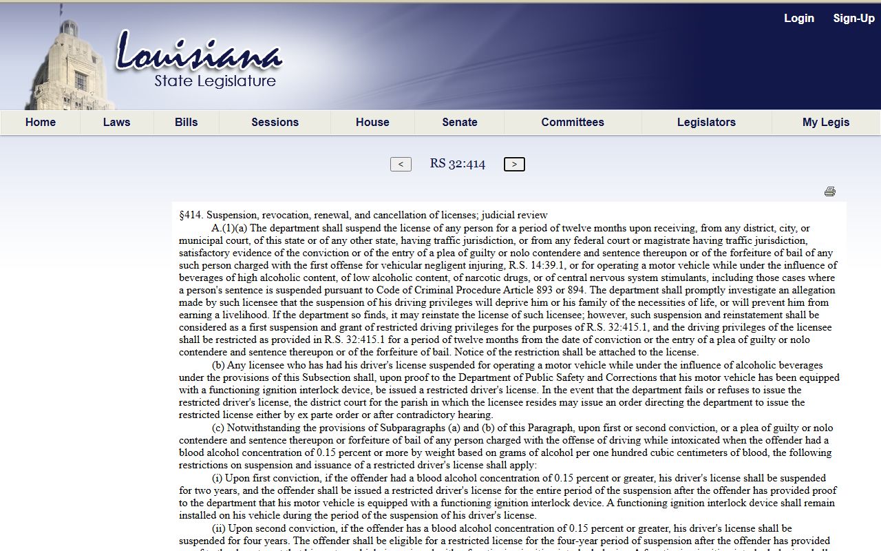 Louisiana driver license suspension statute page