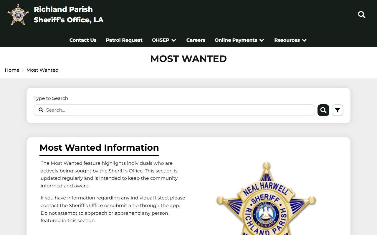 Richland Parish Sheriff Most Wanted search page