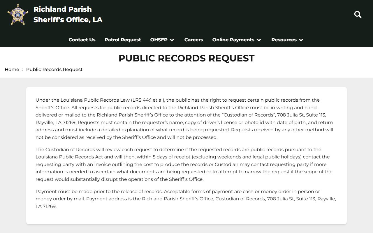Richland Parish Sheriff public records request instructions